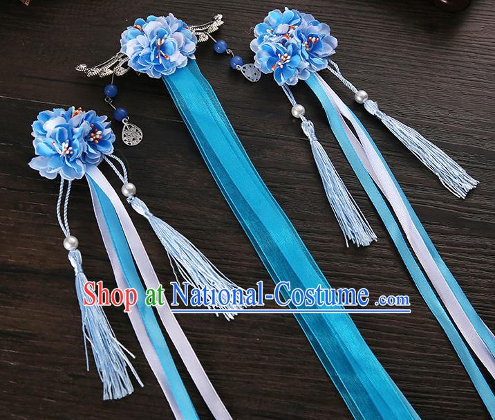 Handmade Asian Chinese Classical Hair Accessories Ancient Blue Silk Flower Hairpins Headwear for Women