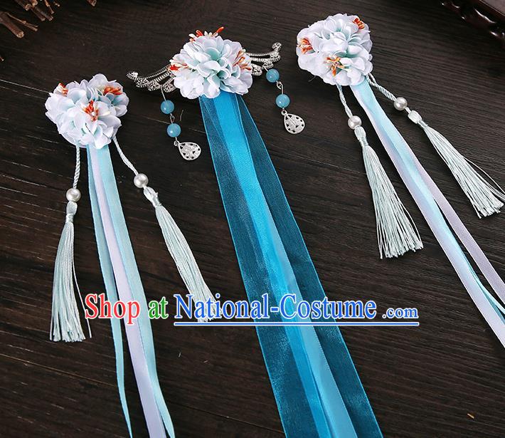 Handmade Asian Chinese Classical Hair Accessories Ancient Light Blue Silk Flower Hairpins Headwear for Women