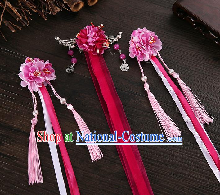 Handmade Asian Chinese Classical Hair Accessories Ancient Rosy Silk Flower Hairpins Headwear for Women