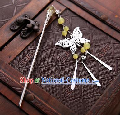 Asian Chinese Handmade Classical Hair Accessories Light Yellow Beads Butterfly Tassel Hair Clip Hanfu Hairpins for Women