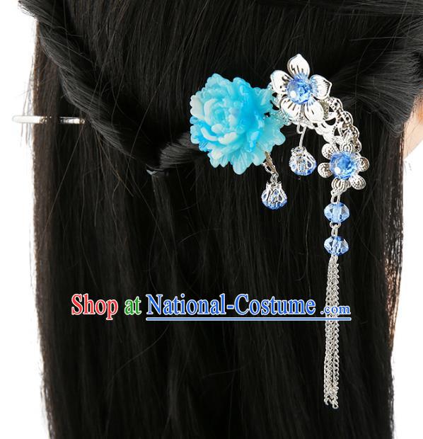 Asian Chinese Handmade Palace Lady Classical Hair Accessories Blue Flower Tassel Hairpins for Women