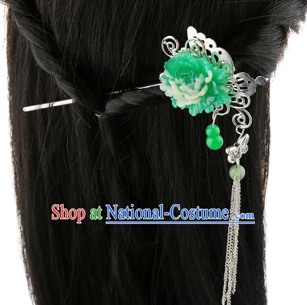 Asian Chinese Handmade Palace Lady Classical Hair Accessories Green Flower Tassel Hairpins for Women