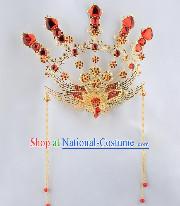 Asian Chinese Handmade Palace Lady Classical Hair Accessories Queen Phoenix Coronet Tassel Hairpins for Women