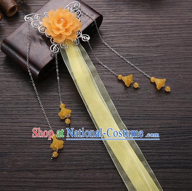 Handmade Asian Chinese Classical Hair Accessories Orange Ribbon Butterfly Hairpins Hanfu Hair Stick for Women