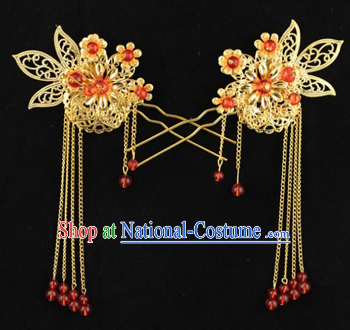 Asian Chinese Handmade Palace Lady Classical Hair Accessories Red Beads Tassel Hairpins for Women