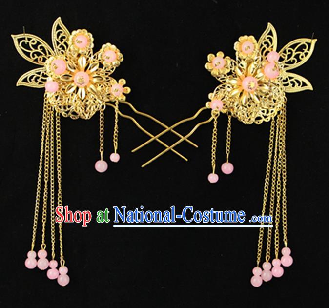 Asian Chinese Handmade Palace Lady Classical Hair Accessories Pink Beads Tassel Hairpins for Women