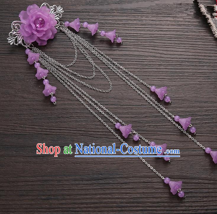 Asian Chinese Handmade Classical Hair Accessories Purple Long Tassel Hair Claw Hanfu Hairpins for Women