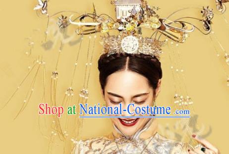 Asian Chinese Ancient Handmade Classical Hair Accessories Hairpins Exaggerated Phoenix Coronet Complete Set for Women