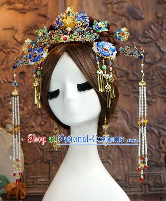 Chinese Ancient Handmade Classical Wedding Hair Accessories Blueing Phoenix Coronet Xiuhe Suit Bride Hairpins for Women