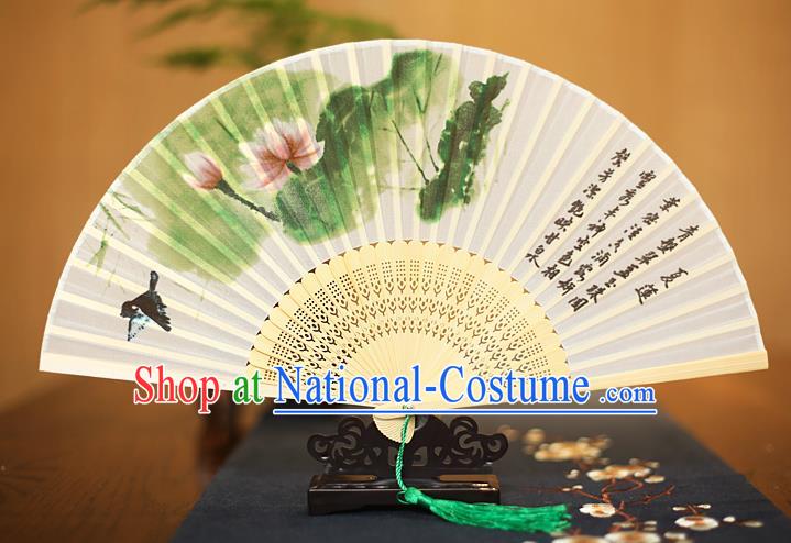 Traditional Chinese Crafts Printing Lotus White Folding Fan, China Sensu Paper Fans for Women