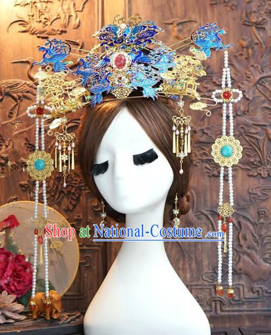 Chinese Handmade Classical Hair Accessories Ancient Ming Dynasty Palace Lady Hairpins Blueing Phoenix Coronet for Women