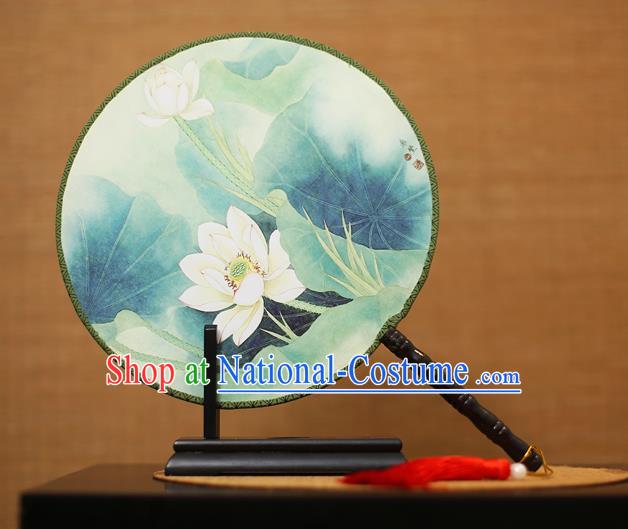 Traditional Chinese Crafts Printing Lotus Round Fan, China Palace Fans Princess Green Silk Circular Fans for Women