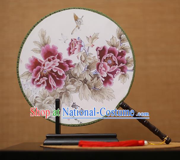 Traditional Chinese Crafts Printing Peony White Round Fan, China Palace Fans Princess Silk Circular Fans for Women