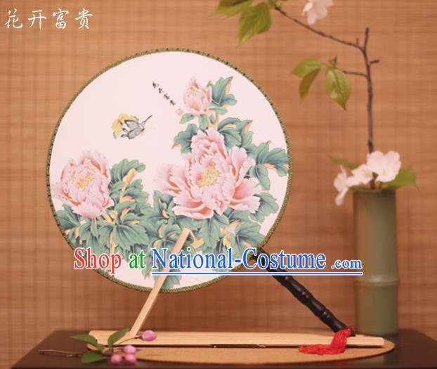 Traditional Chinese Crafts Printing Peony White Round Fan, China Palace Fans Princess Silk Circular Fans for Women