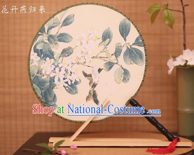 Traditional Chinese Crafts Printing Flowers White Round Fan, China Palace Fans Princess Silk Circular Fans for Women