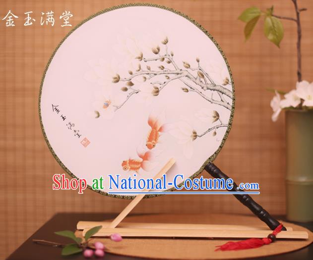 Traditional Chinese Crafts Printing Goldfish Magnolia White Round Fan, China Palace Fans Princess Silk Circular Fans for Women