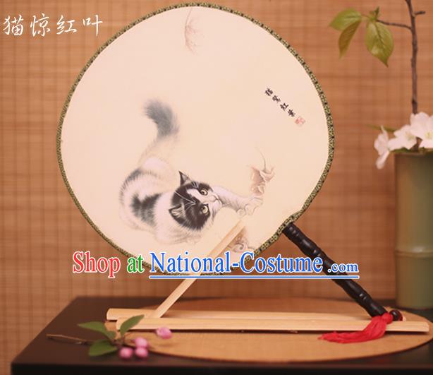 Traditional Chinese Crafts Printing Cat White Round Fan, China Palace Fans Princess Silk Circular Fans for Women