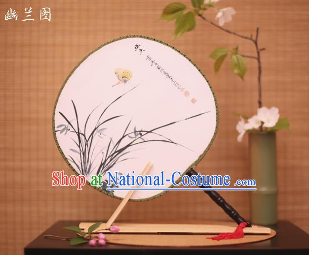 Traditional Chinese Crafts Printing Orchid White Round Fan, China Palace Fans Princess Silk Circular Fans for Women