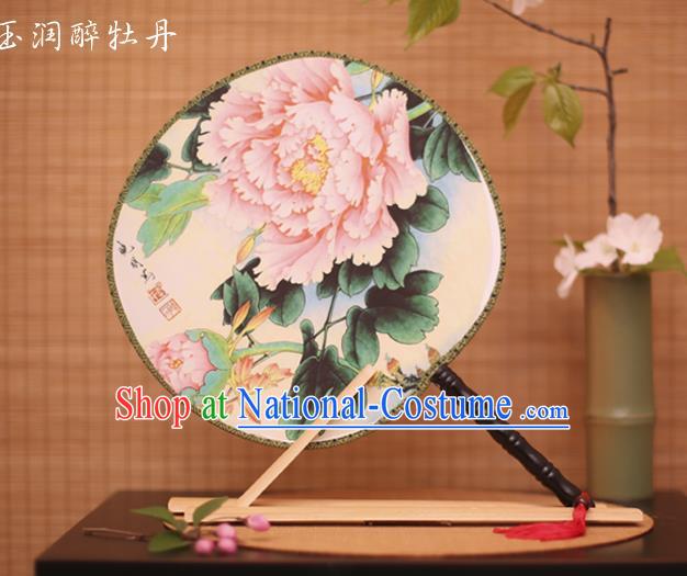 Traditional Chinese Crafts Printing Peony White Round Fan, China Palace Fans Princess Silk Circular Fans for Women