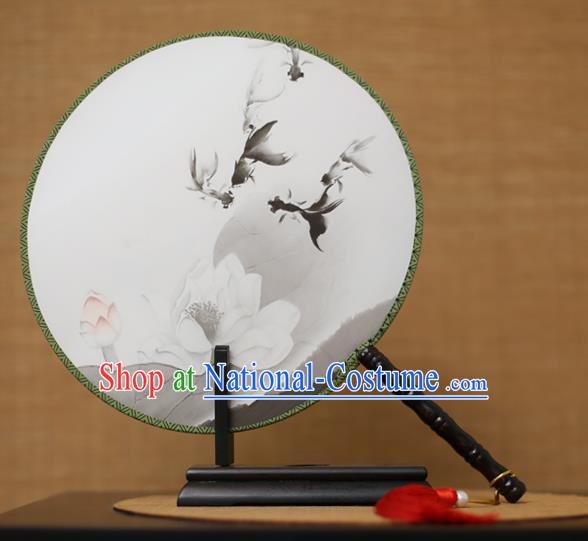 Traditional Chinese Crafts Printing Goldfish Lotus White Round Fan, China Palace Fans Princess Silk Circular Fans for Women