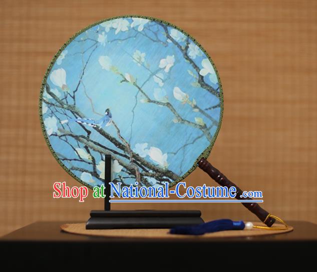 Traditional Chinese Crafts Printing Magnolia Blue Round Fan, China Palace Fans Princess Silk Circular Fans for Women