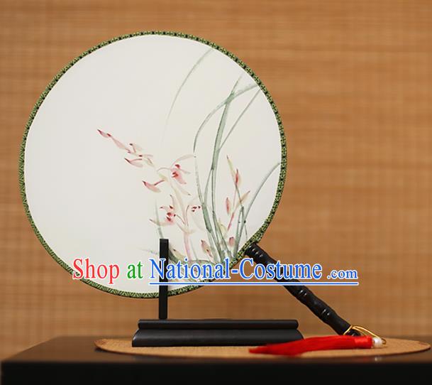 Traditional Chinese Crafts Printing Orchid White Round Fan, China Palace Fans Princess Silk Circular Fans for Women