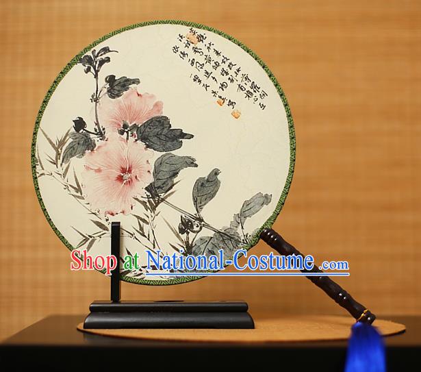 Traditional Chinese Crafts Printing Flowers White Round Fan, China Palace Fans Princess Silk Circular Fans for Women