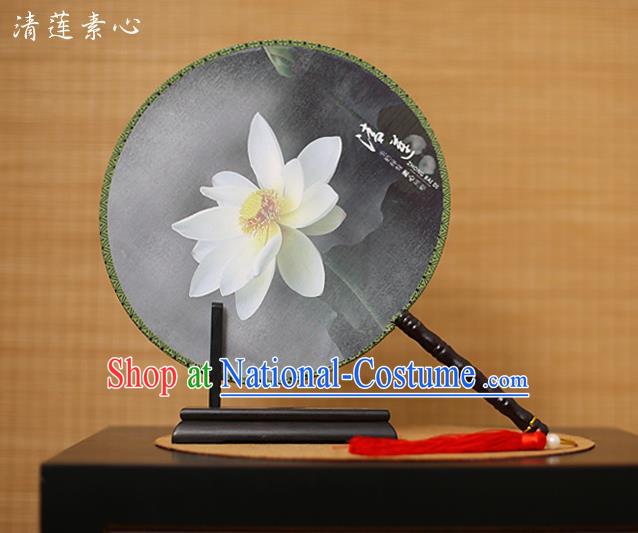 Traditional Chinese Crafts Printing Lotus Black Round Fan, China Palace Fans Princess Silk Circular Fans for Women