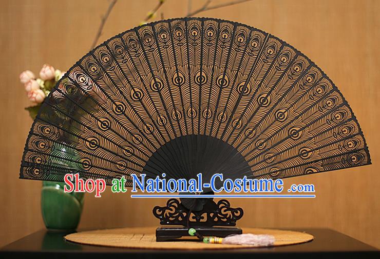 Traditional Chinese Crafts Ebony Folding Fan Carving Sandalwood Fans for Women