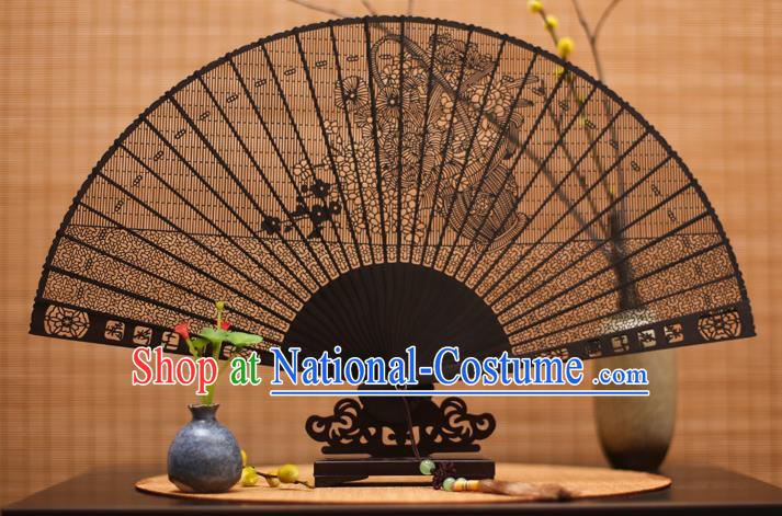 Traditional Chinese Crafts Ebony Folding Fan Carving Flowers Sandalwood Fans for Women