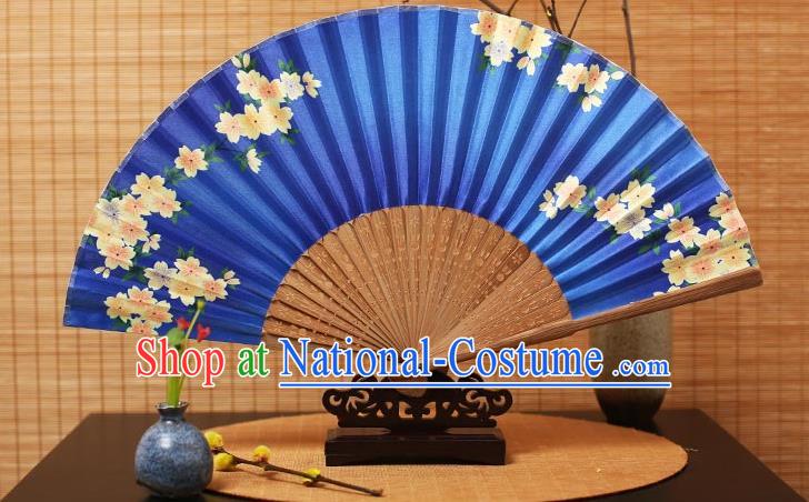 Traditional Chinese Crafts Folding Fans Printing Flowers Blue Silk Fan for Women