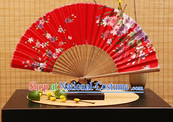 Traditional Chinese Crafts Folding Fans Printing Flowers Red Silk Fan for Women