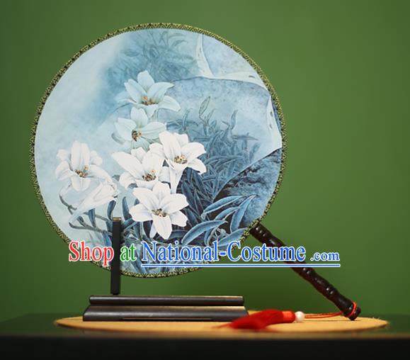 Traditional Chinese Crafts Printing Lily Flowers Round Fan, China Palace Fans Princess Silk Circular Fans for Women