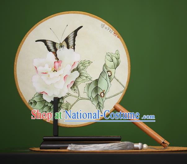 Traditional Chinese Crafts Painting Butterfly Flowers Rosewood Round Fan, China Palace Fans Princess Silk Circular Fans for Women