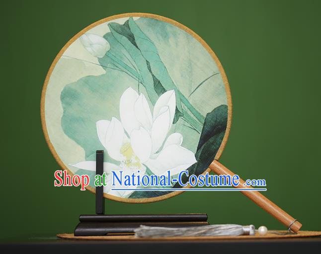 Traditional Chinese Crafts Painting Lotus Rosewood Round Fan, China Palace Fans Princess Silk Circular Fans for Women