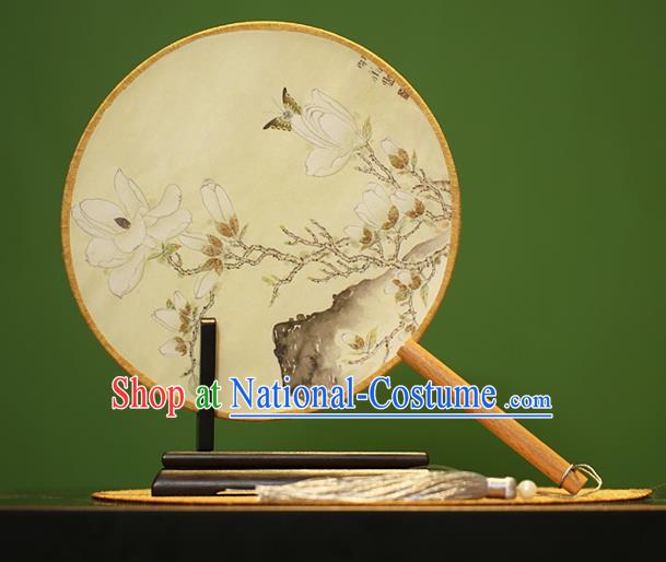 Traditional Chinese Crafts Painting Magnolia Rosewood Round Fan, China Palace Fans Princess Silk Circular Fans for Women