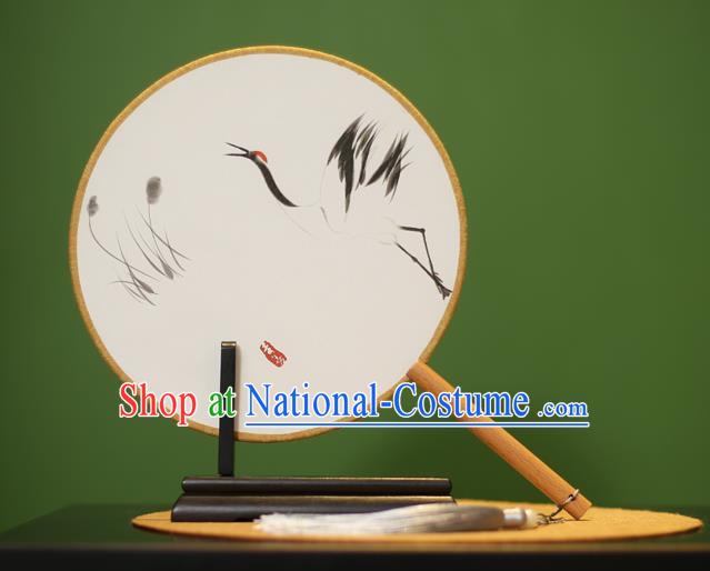 Traditional Chinese Crafts Ink Painting Crane Rosewood Round Fan, China Palace Fans Princess Silk Circular Fans for Women