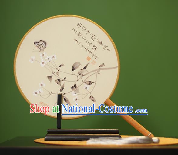 Traditional Chinese Crafts Ink Painting Butterfly Flowers Rosewood Round Fan, China Palace Fans Princess Silk Circular Fans for Women