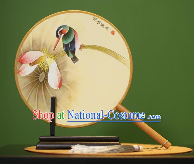 Traditional Chinese Crafts Painting Bird Lotus Round Fan, China Palace Fans Princess Silk Circular Fans for Women