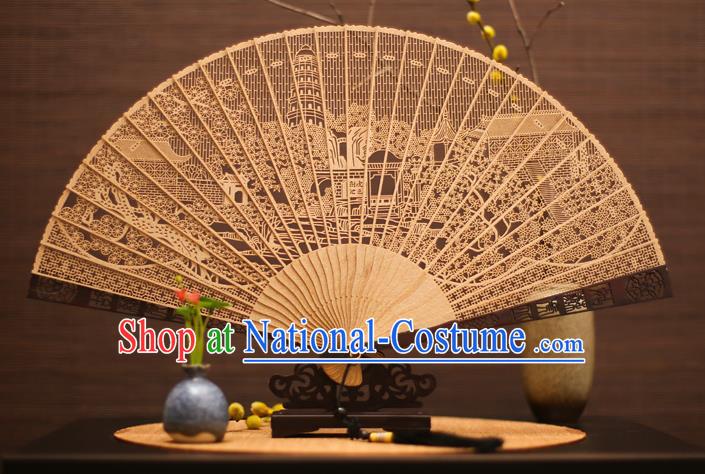 Traditional Chinese Crafts Sandalwood Pagoda Folding Fan Sandal Fans for Women