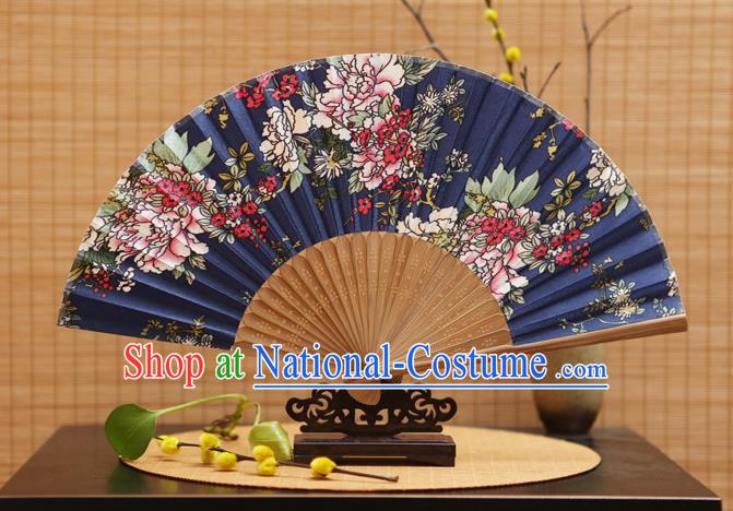 Traditional Chinese Crafts Folding Fans Painting Flowers Navy Silk Fan for Women