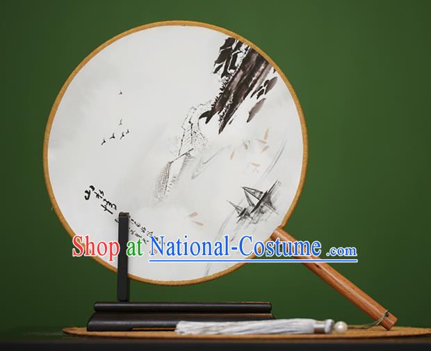 Traditional Chinese Crafts Ink Painting Rosewood Round Fan, China Palace Fans Princess Silk Circular Fans for Women