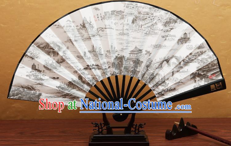 Traditional Chinese Crafts Printing Beijing-Hangzhou Grand Canal Folding Fan, China Beijing Opera Paper Fans for Men