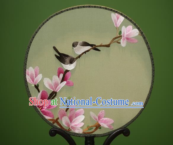 Traditional Chinese Crafts Embroidered Magnolia Birds Round Fan, China Palace Fans Princess Silk Circular Fans for Women