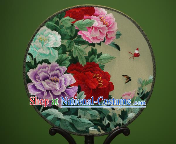 Traditional Chinese Crafts Embroidered Peony Flowers Round Fan, China Palace Fans Princess Silk Circular Fans for Women