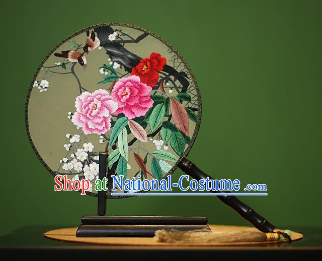 Traditional Chinese Crafts Embroidered Birds Peony Round Fan, China Palace Fans Princess Silk Circular Fans for Women