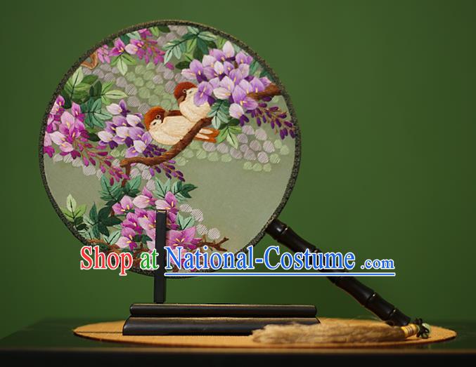 Traditional Chinese Crafts Embroidered Purple Flowers Round Fan, China Palace Fans Princess Silk Circular Fans for Women