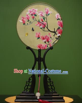 Traditional Chinese Crafts Embroidered Red Magnolia Round Fan, China Palace Fans Princess Silk Circular Fans for Women