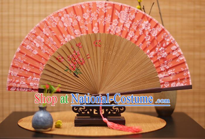 Traditional Chinese Crafts Folding Fan, China Printing Flowers Red Silk Fans for Women