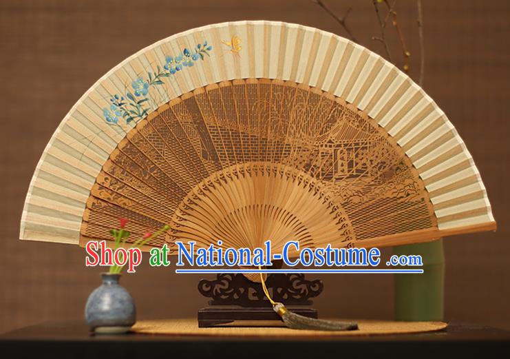 Traditional Chinese Crafts Hand Painting Blue Flower Silk Folding Fan, China Handmade Hollow Out Bamboo Fans for Women